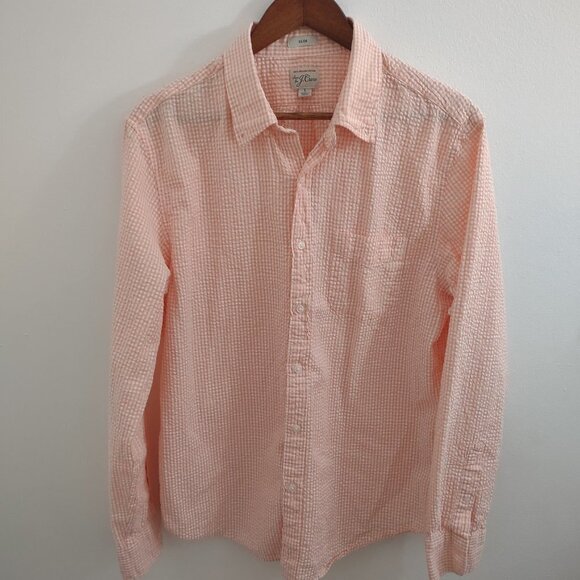 J-Crew Orange Plaid Large Button Up 100% Organic Cotton Slim Dress Shirt - Picture 1 of 6